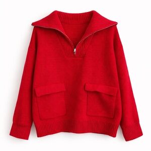 Anthropologie Red Zip Collar Sweater Pullover w/ Patch Pockets Size M